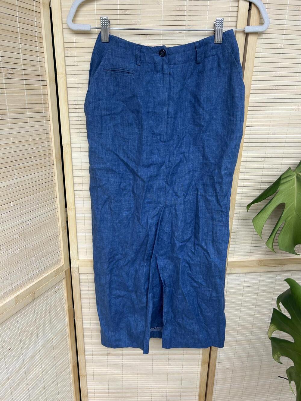 Anne Klein 100% Linen Skirt Blue Size 2 Long Midi Retro Vintage Look Fall Pin Up